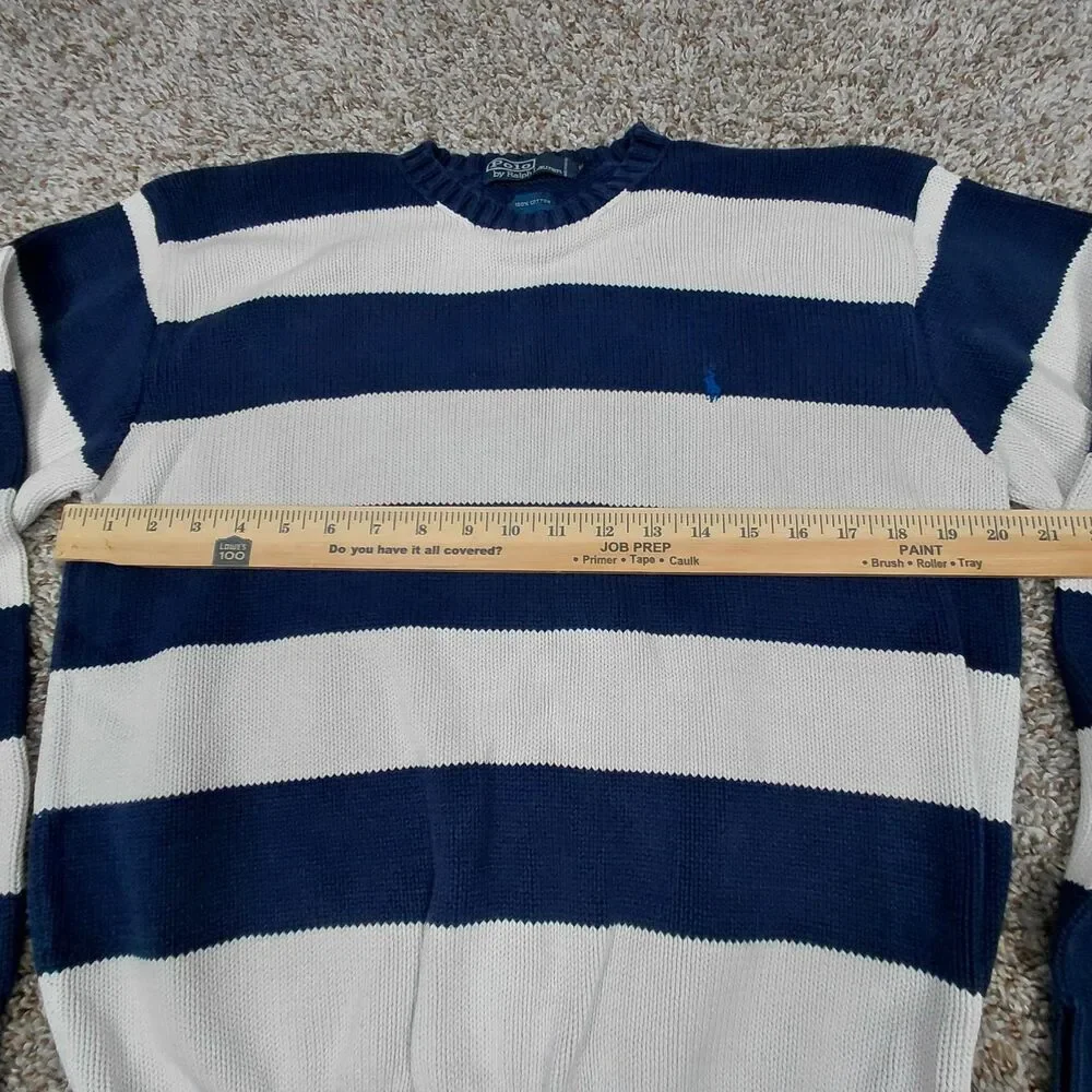 Vintage 90s Polo Ralph Lauren Sweater Mens Medium Blue White Stripe Chunky Knit